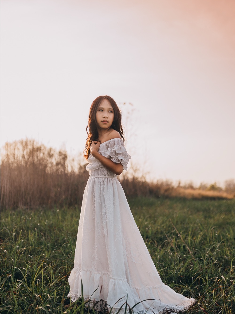 Bohemian Cottagecore White Off Shoulder Lace High Low Maxi Dress, Flower Girl, 8